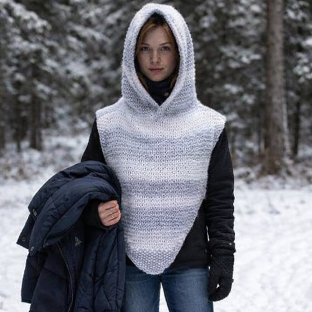 Hand Crafted Knit Hoodie Balaclava Hooded Scarf Winter Neck Warmer White Gray